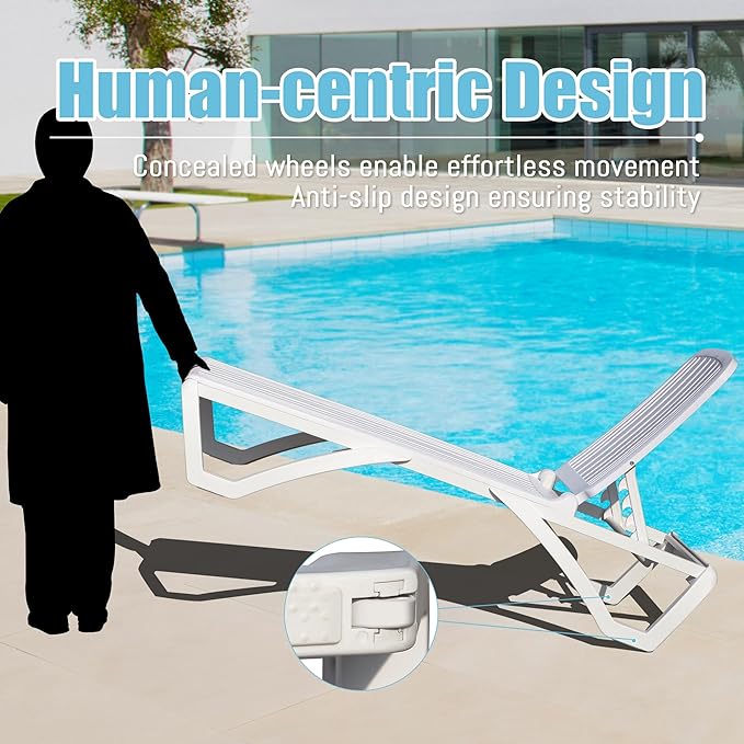 Domi Patio Outdoor Chaise Lounge Chair, All-Weather Plastic Adjustable Reclining Lounger, Stackable Tanning Lounge Chair w/Wheels and Side Table, for Beach Garden Lawn Pool(1 White Chair W/Table)