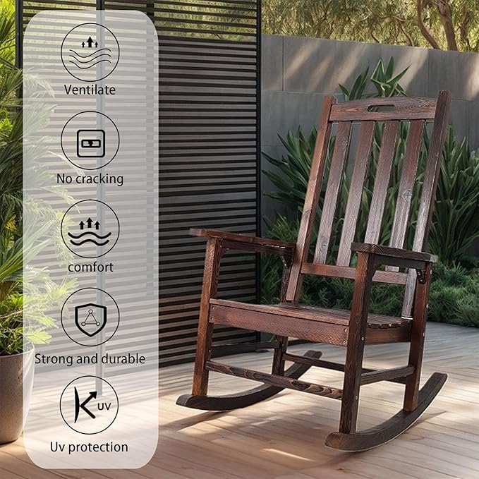 Wooden Rocking Chair Outdoor, Ergonomic High Back Patio Rocking Chairs, Porch Rocker for Backyard/Lawn/Patio/Garden/Balcony/FirePit/Indoor (Brown-1)