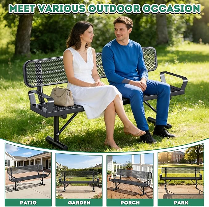 Heavy-Duty Park Bench for Outside - Black Coated Outdoor Furniture Steel Bench, Commercial-Grade Outdoor Benches Weatherproof for Park, Patio, Porch (Portable with Back, 4/6/8 Ft) (Black & Arm, 6FT)