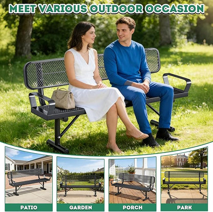 6Ft Outdoor Bench with Armrests & Back Portable Frame, Outdoor Steel Park Bench with Backrest, Expanded Metal Mesh Bench for Outside, Lawn, Backyard, Park, Deck, Garden, Patio, Porch, Black