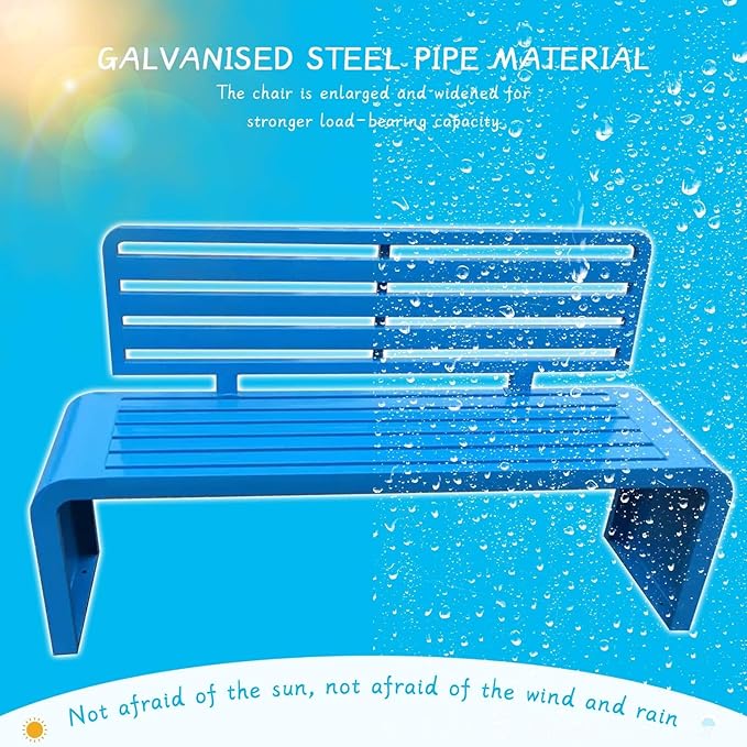 Outdoor Metal Garden Bench,Weather Proof Porch Path Chair,with Backrest,park Benches，Patio Seating For 2-3 Person,Slatted Seat, Patio Yard Bench For Poolside,Balcony,Entryway,blue(L47"x W15" x H32")