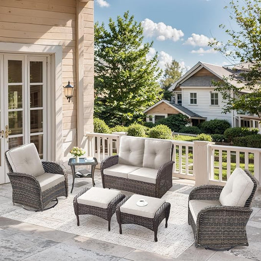 6 Pieces Patio Wicker Furniture Set-Outdoor Swivel Chairs Set of 2 Outdoor Glider Love seat with Outdoor Footstool Patio Furniture for Deck Porch Garden Balcony Poolside-Brown/Beige
