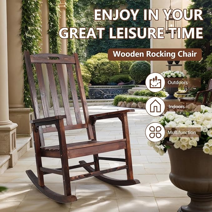 Wooden Oversized Porch Rocker Chair with Wide Seat and Tall Backrest - High Back Smooth Rocking Chairs for Outdoor & Indoor Use, Durable Fir Wood Construction, Easy Assembly (Brown)