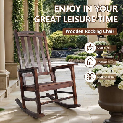 Wooden Oversized Porch Rocker Chair with Wide Seat and Tall Backrest - High Back Smooth Rocking Chairs for Outdoor & Indoor Use, Durable Fir Wood Construction, Easy Assembly (Brown)