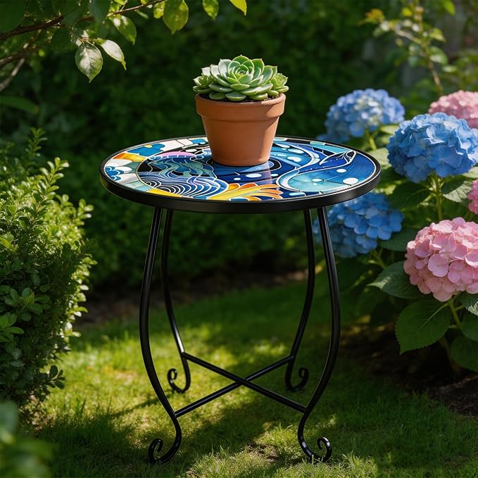 15 Inch Jellyfish Mosaic Side Tables (Set of 2) - Small Outdoor Round Folding Tables with Weather-Resistant Metal Frame - Photo 5