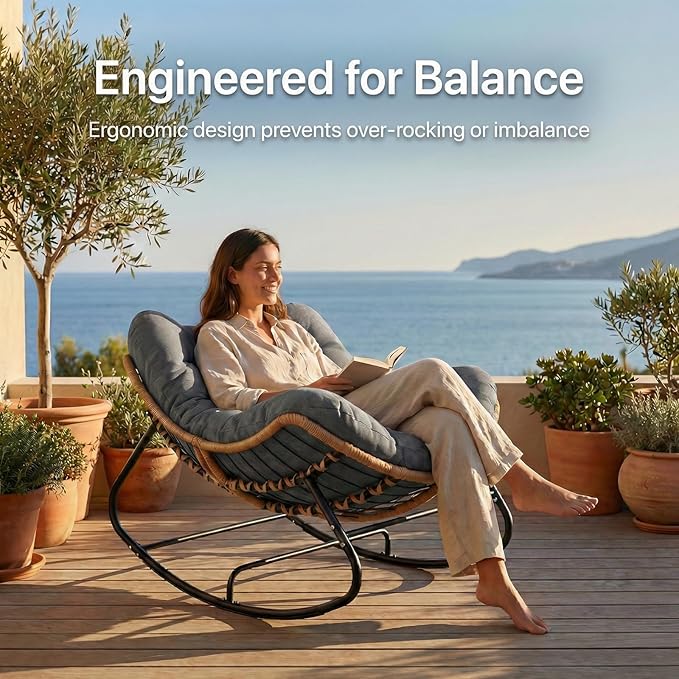 Oversized Papasan Rocking Chair Outdoor, Comfy Wicker Patio Papasan Egg Rocker with Thick Cushion for 450 lbs - Photo 6