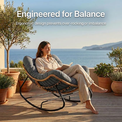 Oversized Papasan Rocking Chair Outdoor, Comfy Wicker Patio Papasan Egg Rocker with Thick Cushion for 450 lbs, Indoor Lounge Reading Chair for Living Room, Porch, Garden, Balcony-Dark Gray