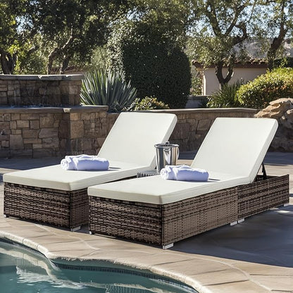 VINGLI Outdoor Chaise Lounge, Wicker Recliner w/Adjustable Backrest, Thick Water Repellent Cushions, Patio Rattan Lounge Chairs for Lawn, Beach, Balcony, Poolside (Grey)