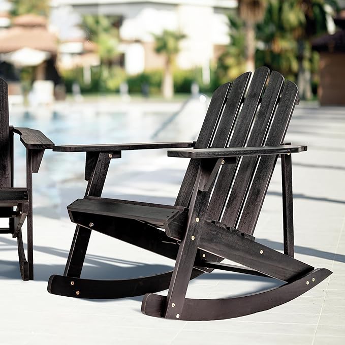 JONATHAN Y PAT1000D Kiawah Outdoor Patio Classic Acacia Wood Adirondack Rocking Chair for Garden, Lawn, Backyard, Pool, Deck, Beach, Firepit, Black