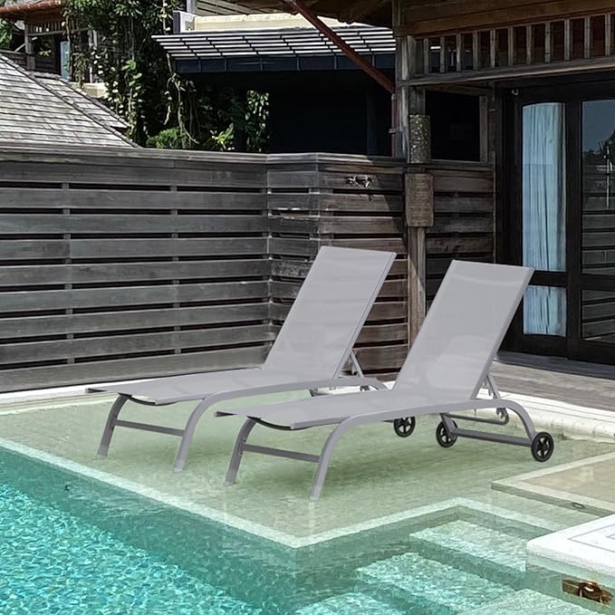 Domi Pool Lounge Chairs Set of 2, Adjustable Aluminum Outdoor Chaise Lounge with Wheels Patio Lounge Chairs - Photo 8