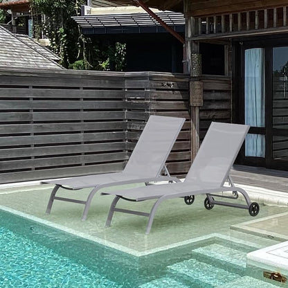 Domi Pool Lounge Chairs Set of 2, Adjustable Aluminum Outdoor Chaise Lounge with Wheels Patio Lounge Chairs, All Weather for Deck Lawn Poolside Backyard-Gray Textilene