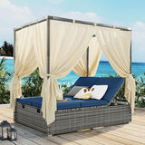 Merax Outdoor Patio Wicker Sunbed Daybed with Canopy, Overhead Curtains, Cushions, Lounge Chairs with Adjustable Seats - Photo 1