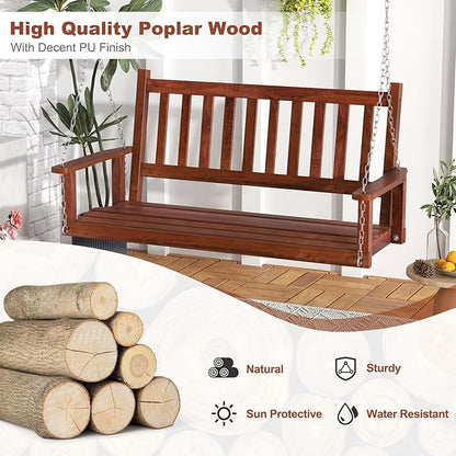 Tangkula 2 Person Wooden Porch Swing, Hanging Patio Swing with 2 Adjustable Galvanized Metal Chains, Slatted Back & Seat, Outdoor Swing Bench for Backyard Deck Garden, 4FT