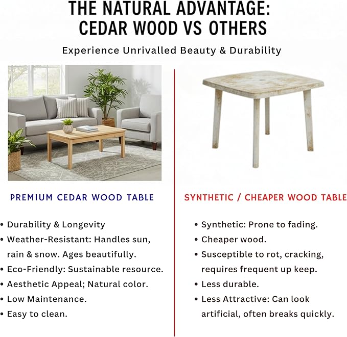 44 Inch Outdoor Cedar Coffee Table, Solid Cedar Wood Farmhouse Side Table with Slatted Top, Patio, Garden, Deck - Photo 5