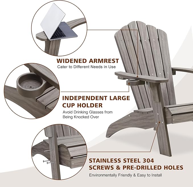 Psilvam Oversized Adirondack Chair, Fade-Resistant & Odor-Free Poly Lumber Fire Pit Chairs with Cup Holder - Photo 5