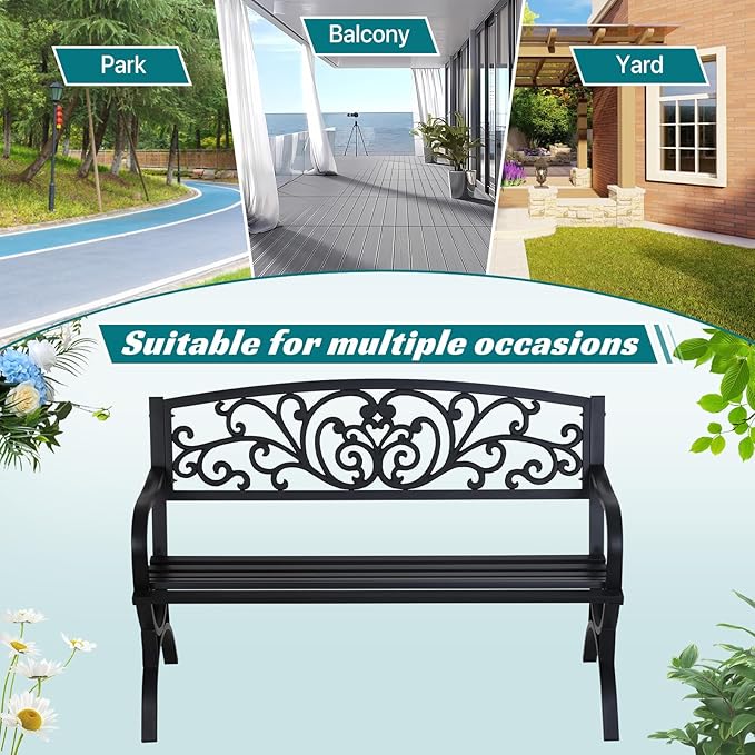 YRLLENSDAN 50" Outdoor Bench w/Floral Design Backrest Garden Bench, Cast Iron Patio Bench Arch Legs Metal Benches for Porch Lawn Front Porch, Black