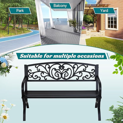 YRLLENSDAN 50" Outdoor Bench w/Floral Design Backrest Garden Bench, Cast Iron Patio Bench Arch Legs Metal Benches for Porch Lawn Front Porch, Black