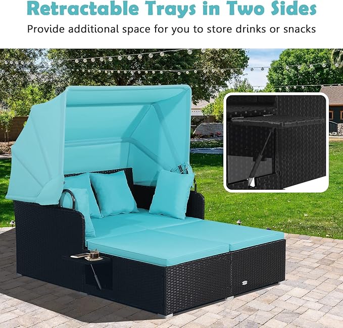 Tangkula Patio Rattan Daybed with Retractable Canopy, Patiojoy Wicker Sun Lounger with 2 Foldable Side Panels - Photo 7