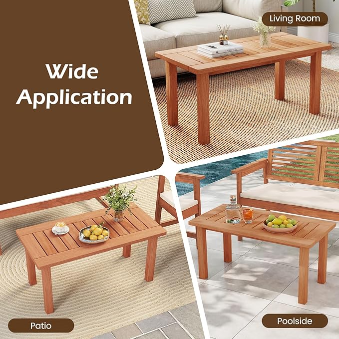RELAX4LIFE Wood Outdoor Coffee Table - 35.5’’ Rectangular Small Patio Table with Slatted Tabletop, Indoor Outdoor Wooden Furniture for Outside Deck Poolside Backyard Garden Porch (Natural)