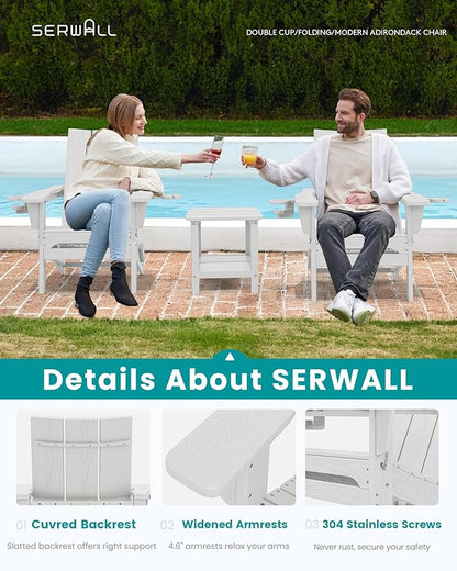 SERWALL Modern Folding Adirondack Chair Set of 6, Weather Resistant HDPE Outdoor Adirondack Chair with Cup Holders, Fire Pit Chairs for Patio Lawn Garden, White