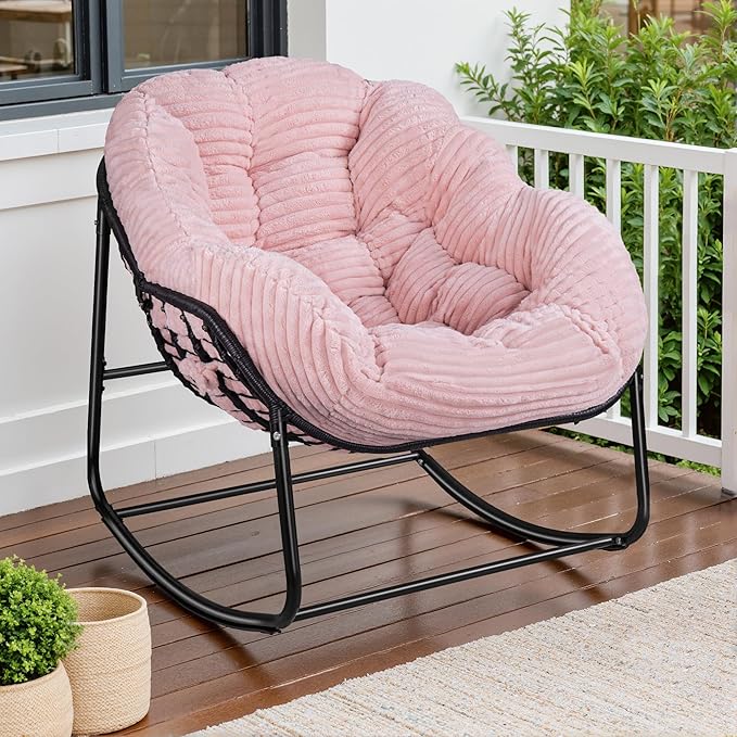 Indoor Rocking Chair, Oversized Outdoor Lounge Chair with Thick Corduroy Cushion & Straps, Wicker Modern Comfy Rocker Egg Chair for Living Room, Bedroom, Porch and Courtyard, Pink