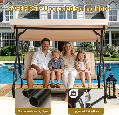 3 Seat Outdoor Porch Patio Swing with Adjustable Canopy& Backrest,Outdoor Swing for Adults,3 in 1 Convertible Swing Bed with Cushions & Cup Holders for Yard Deck Garden (Khaki)
