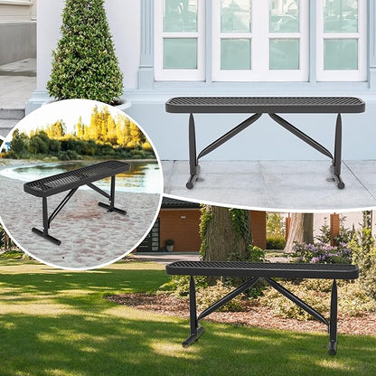 4ft Outdoor Metal Park Bench, 48" Backless Heavy-Duty Commercial Black Garden Bench with Expanded Steel Mesh Seat, Weatherproof Park Patio Dining Table Bench for Backyard Lawn School Porch Deck