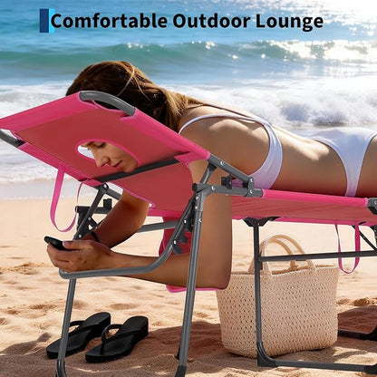 Tanning Chair with Face Hole Folding Beach Lounge Chair,5-Position Adjustable Backrest, Pillow & Side Pocket,Portable Face Down Chaise Lounge for Outdoor Backyard Poolside,Beach, Patio,Pink