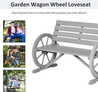 Outsunny 41" Wooden Wagon Wheel Bench, Rustic Outdoor Patio Weather Resistance Furniture, 2-Person Slatted Seat Bench with Backrest, Light Gray