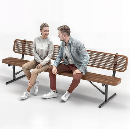 Heavy-Duty Outdoor Metal Bench, Thermoplastic-Coated, Portable, Weatherproof, Commercial-Grade for Parks, Gardens, Patios, Stores & More (8 Ft - Portable with Back, Brown)