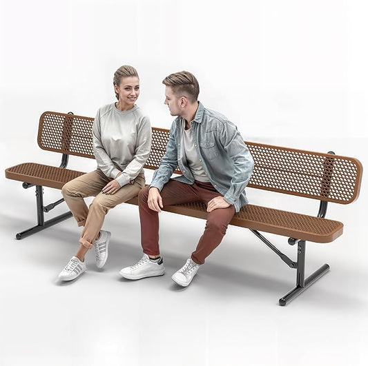 Heavy-Duty Outdoor Metal Bench, Thermoplastic-Coated, Portable, Weatherproof, Commercial-Grade for Parks, Gardens, Patios, Stores & More (8 Ft - Portable with Back, Brown)