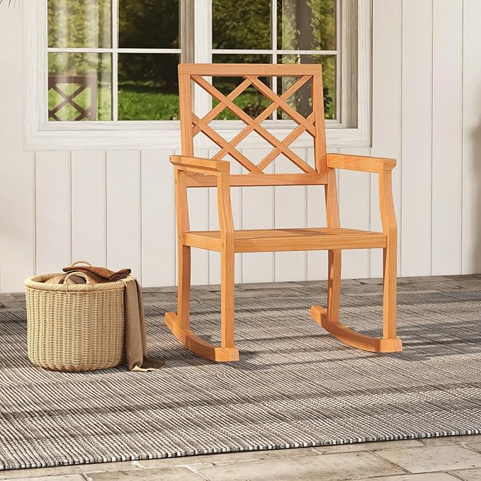 Tangkula Teak Wood Rocking Chair, Oversized Porch Rocker with Backrest and Slatted Seat, Outdoor Rocker Chair for Patio, Backyard and Lawn, 330 LBS Weight Capacity (1, 30 x 23 x 35 Inch)