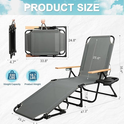 Outdoor Chaise Lounge Chair with 4-Position Adjustable Backrest, Patio Folding Sun Tanning Chair, Pillow & Cup Holder, Portable Recliner Sunbathing Lounger Chairs for Pool Beach Lawn Garden (Grey)