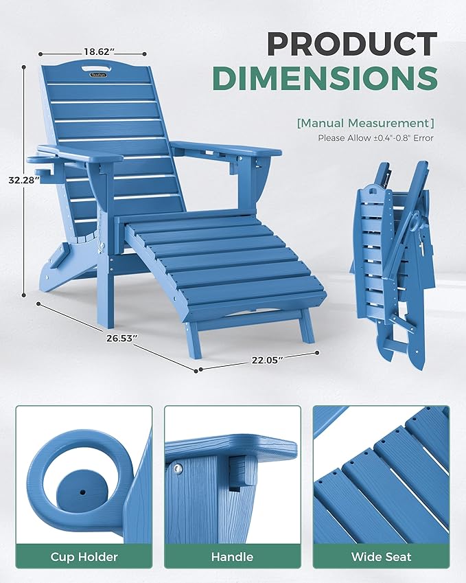 Folding Adirondack Chair with Retractable Ottoman Weather Resistant Fire Pit Chair Patio Chair with 2 Cup Holder Lawn Outdoor Lounge Chair (Navy Blue)