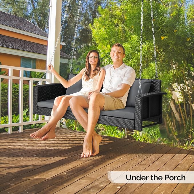 5FT Wicker Porch Swing for 3 Person, 1000lb Capacity Outdoor Hanging Bench with 3 Removable Cushions - Photo 3