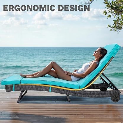 DWVO Outdoor Wicker Chaise Lounge with Cushion, Rattan Poolside Lounge Chair Set of 2 with 5-Position Adjustable Backrest, Removable Cover and Wheels, Blue
