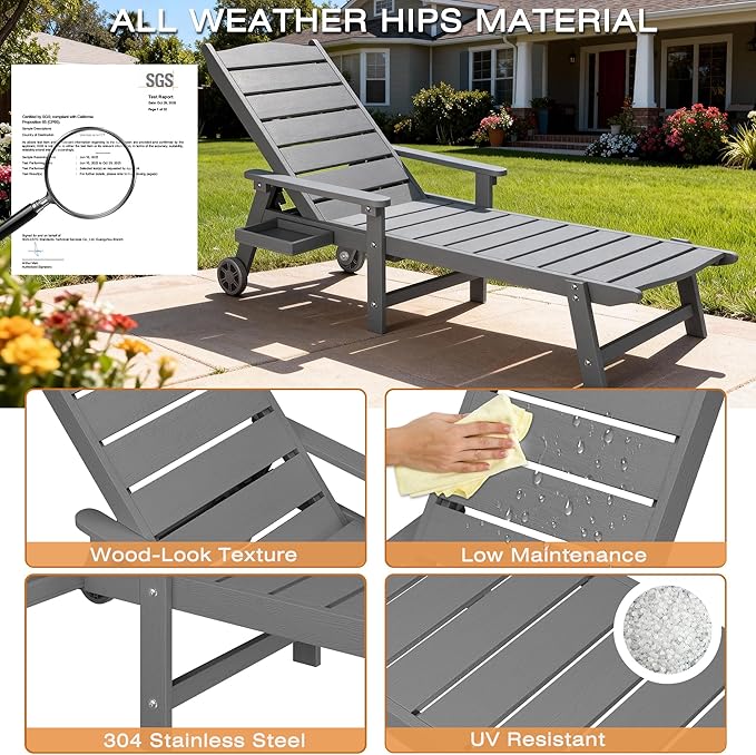 Outdoor Chaise Lounge Chair with Wheels, 6.3ft Full-Length Patio Pool Lounge Chairs,5-Position Adjustable Backrest (Flat Recline), Flip-Down Side Tray,HIPS All-Weather for Poolside, Deck,Beach