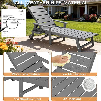 Pool Lounge Chairs Set of 2, 6.3ft Full-Length Patio Pool Lounge Chairs,5-Position Adjustable Backrest (Flat Recline), Flip-Down Side Tray,HIPS All-Weather for Poolside, Deck,Backyard, Beach