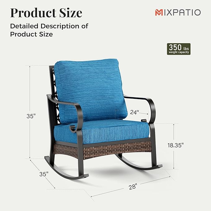 Patio Rocking Chairs Set of 2, Outdoor Sofa Chairs with Deep Seating and 5.75" Cushions, Steel Frame Porch Furniture for Lawn Backyard Deck, Peacock Blue