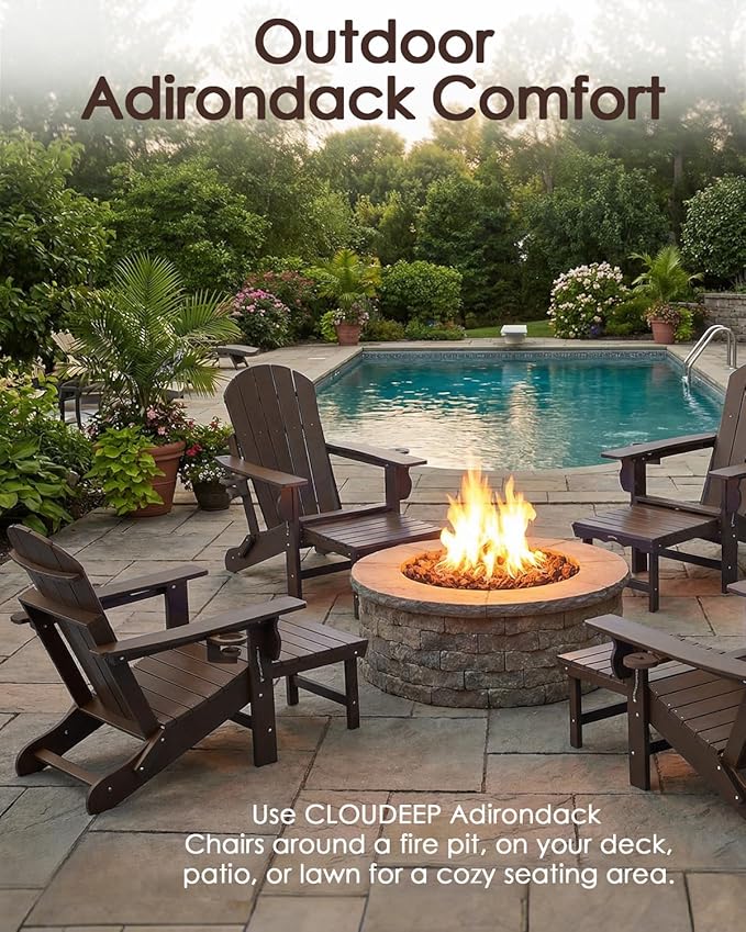 Folding Adirondack Chair with Ottoman, Recyclable HDPE Adirondack Patio Chair with 2 Cup Holder, Outdoor Fire Pit Chairs with Pull Out Footrest, Weather Resistant for Garden, Deck, Poolside, Brown