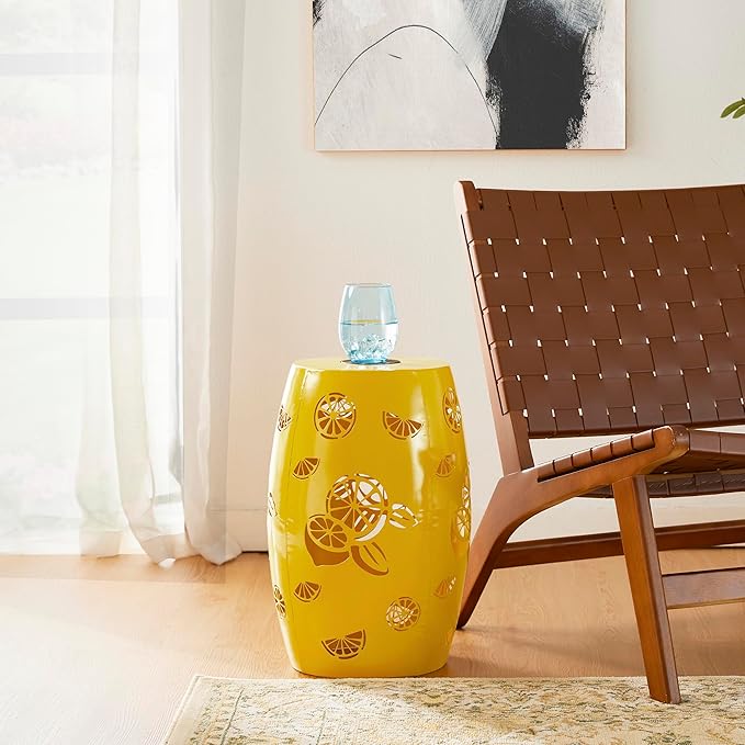 Glitzhome 18.25" H Outdoor Side Table with Lemon Pattern Solar Powered Light, Iron Cutout Drum Garden Stool Solar Decorative Lanterns, Metal End Table Plant Stand for Indoor Outdoor, Yellow