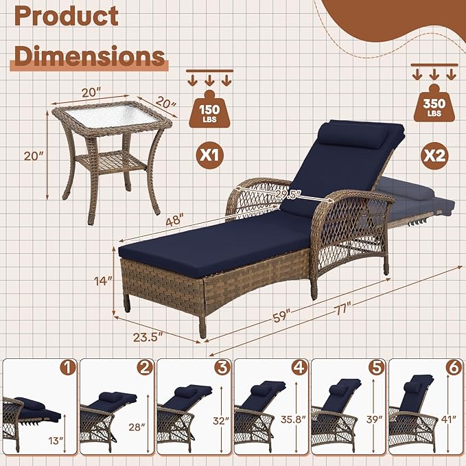 HOMEDIARY 3-Piece Outdoor Wicker Lounge Chair Set, Patio Chaise Loungers Set of 2 w/Side Table, 6-Position Adjustable Poolside Sunbathing Recliner, Armrest and Head Pillow, Fade-Resistant, Navy Blue