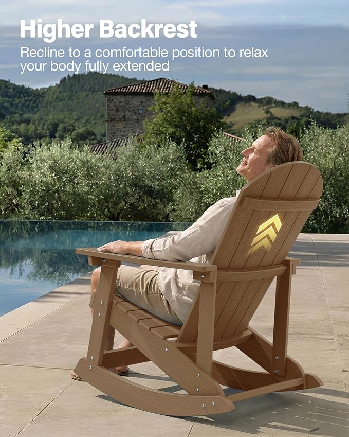 YEFU Outdoor Rocking Chair Set of 2,Adirondack Rocking Chair,Patio Rocker Chair with Wide Back,Oversized Rocker Chair Look Like Real Wood, for Lawn, Porch, Backyard, Indoor and Garden(Teak)
