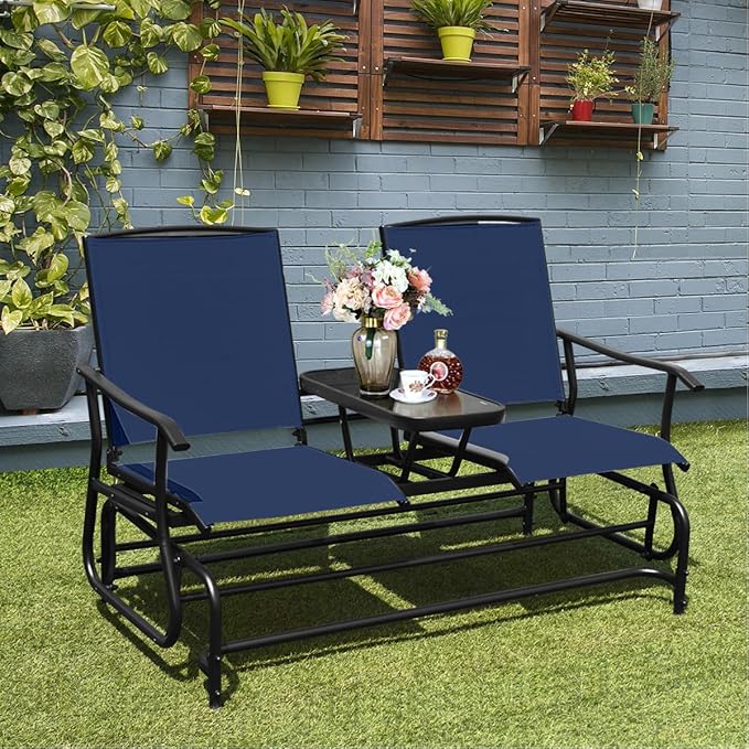 Giantex Outdoor Glider, Rocking Chair with Metal Frame, Center Tempered Glass Table, 2-Person Loveseat - Photo 2