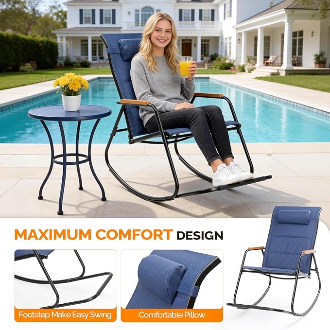 VINGLI Outdoor Rocking Chair, 450lbs Capacity Portable Outdoor Rocker with Footrest, Hard Armrests, Pillow, All Weather Porch Rocker for Garden, Living Room, Patio, Lawn (Blue, with footrest)