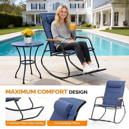 VINGLI Outdoor Rocking Chair, 450lbs Capacity Portable Outdoor Rocker with Footrest, Hard Armrests, Pillow, All Weather Porch Rocker for Garden, Living Room, Patio, Lawn (Blue, with footrest)