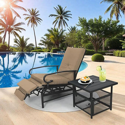 Incbruce 2 Pieces Outdoor Lounge Recliner Set, Adjustable Metal Recliner Sofa Chair and Umbrella Stand Side Square Table Suitable for Garden, Pool, Yard (Brown)