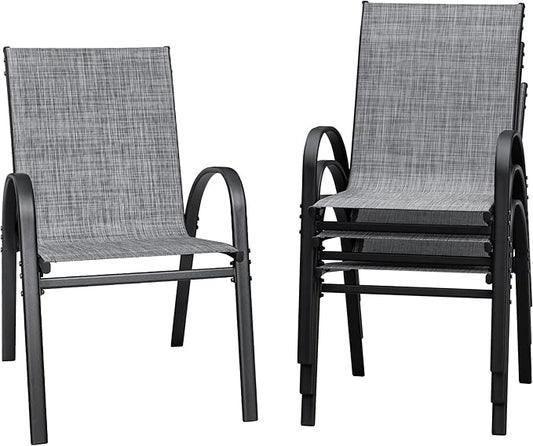 Flamaker Patio Chairs Stackable Dining Chairs Set of 4 Metal and Teslin Outdoor Chairs for Lawn Deck Balcony Porch (Grey)