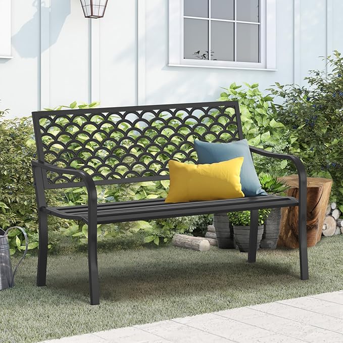 On Shine Outdoor Garden Bench Cast Iron Steel Outdoor Bench Clearance Weatherproof Metal Park Bench for Porch, Yard - Photo 7