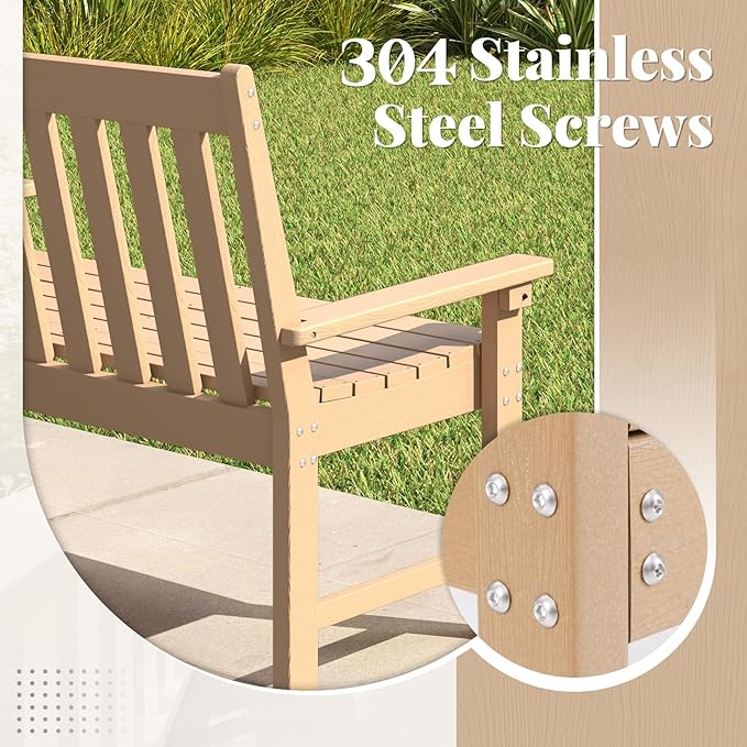RELAX4LIFE 2-Person Patio Outdoor Bench - 52’’ All-Weather HDPE Garden Bench with Armrests & Slatted Backrest, Patio Bench for Front Porch Park Poolside Backyard, 705 LBS Weight Capacity (Teak)